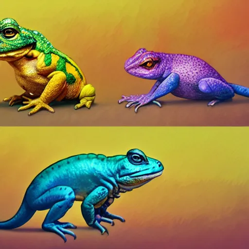 Image similar to three animals,trio, toad with wings front view and rainbow reptile front view and golden lizard front view, trio, artstation, concept art, master illustration, details, good clear quality, fun - w 704