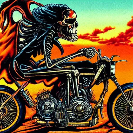 Image similar to richard corben style album cover artwork painting of ghost rider skeleton on a motorcycle