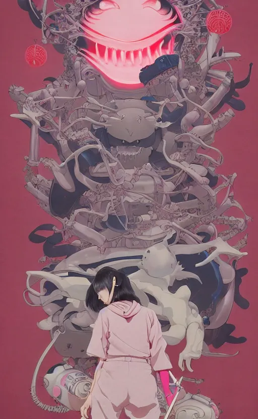 Image similar to Artwork by James Jean, Phil noto and hiyao Miyazaki ; a young Japanese future samurai police girl named Yoshimi battles an enormous looming evil natured carnivorous pink robot on the streets of Tokyo; Japanese shops and neon signage; crowds of people running; Art work by hiyao Miyazaki, Phil noto and James Jean