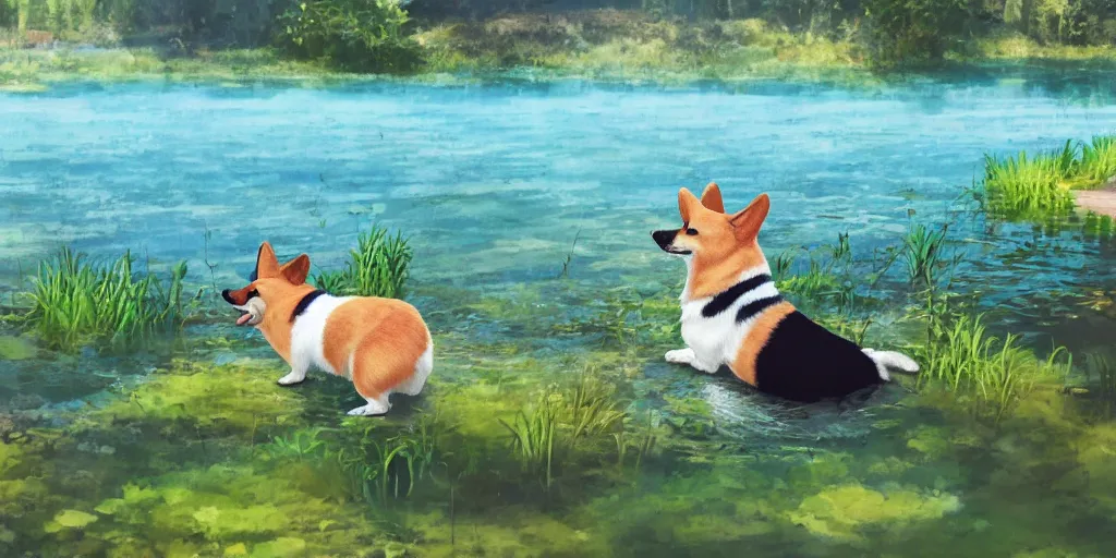 Prompt: A corgi by a pond, there is blue sky, there is water splash, the atmosphere is cheerful, the colors are bright, high picture quality, by Makoto Shinkai