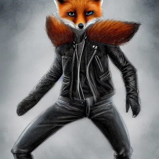 Image similar to A fox with a small head wearing a leather jacket and leather jeans and leather gloves, trending on FurAffinity, energetic, dynamic, digital art, highly detailed, FurAffinity, high quality, digital fantasy art, FurAffinity, favorite, character art