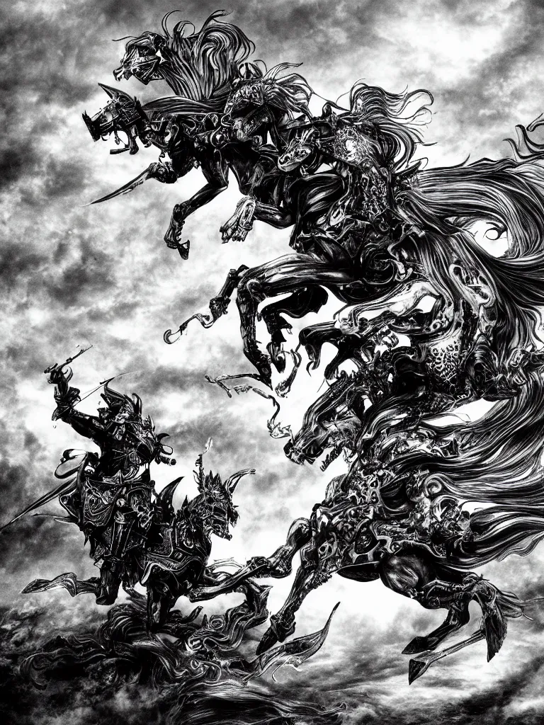 Image similar to black and white detailled illustration of death riding a pale horse over a wasteland in the style of yoshitaka amano