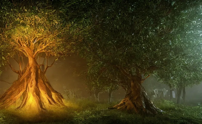 Prompt: a beautiful render of a tree with human heads as fruits in rainforest, big flashlight lighting, intricate detail, hazy, humid, volumetric lighting, god rays, 8 k, photorealistic, raytracing effects, unreal engine 5, terrorific, suspense