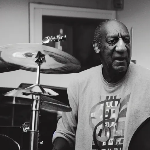 Prompt: Still of a bill cosby playing drums in the bring me to life music video dslr