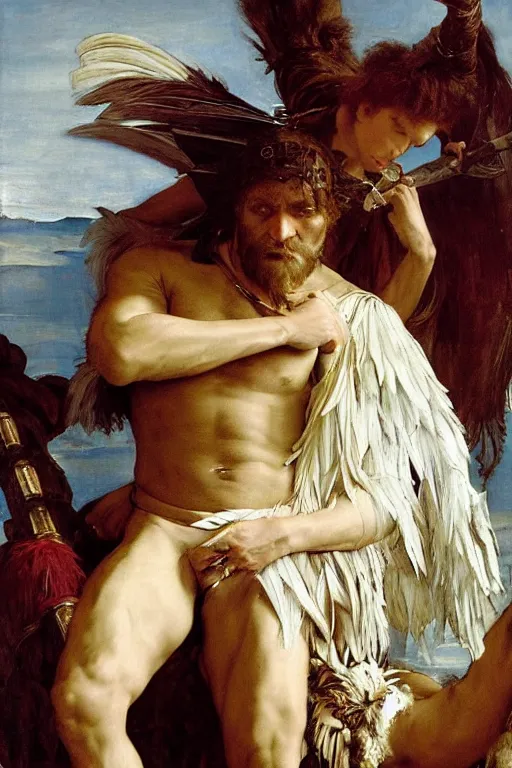 Image similar to clive owen as a barbarian king of feathers, god of the wild, silk dress by edgar maxence and caravaggio and michael whelan and delacroix