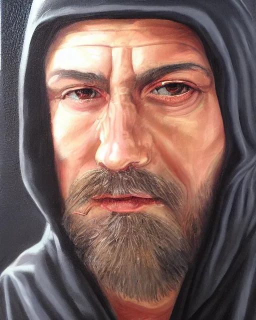 Image similar to oil painting portrait of a man in dark robes, hooded, made by greg rukowtski, fantasy, moodly