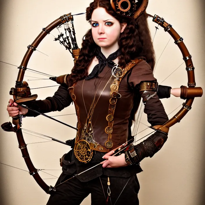 Prompt: full length portrait photograph of a real-life beautiful woman steampunk archer. Extremely detailed. 8k