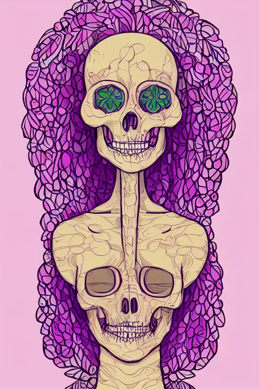 Prompt: portrait of a flower skeletor girl, art by milka oxana, sticker, colorful, illustration, highly detailed, simple, smooth and clean vector curves, no jagged lines, vector art, smooth