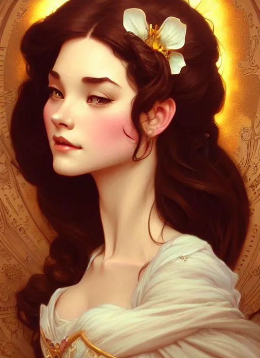 Image similar to portrait of disney belle, intricate, elegant, highly detailed, my rendition, digital painting, artstation, concept art, smooth, sharp focus, illustration, art by artgerm and greg rutkowski and alphonse mucha and uang guangjian and gil elvgren and sachin teng, symmetry!!