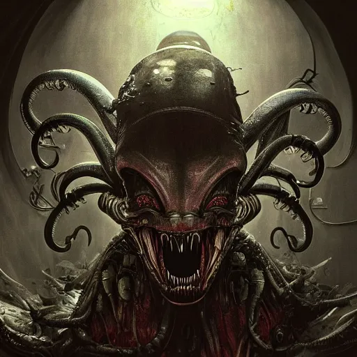 Prompt: mickey mouse xenomorph chimera lurking in dark room, wet dripping, mickey mouse ears, designed by h. r. giger, highly intricate detailed 8 k ultrarealistic octane portrait render by artgerm and rutkowski and beksinski and mucha and barlowe