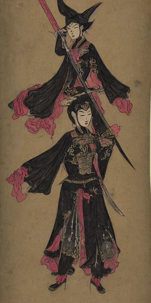 Prompt: a witch with chinese armor and sword