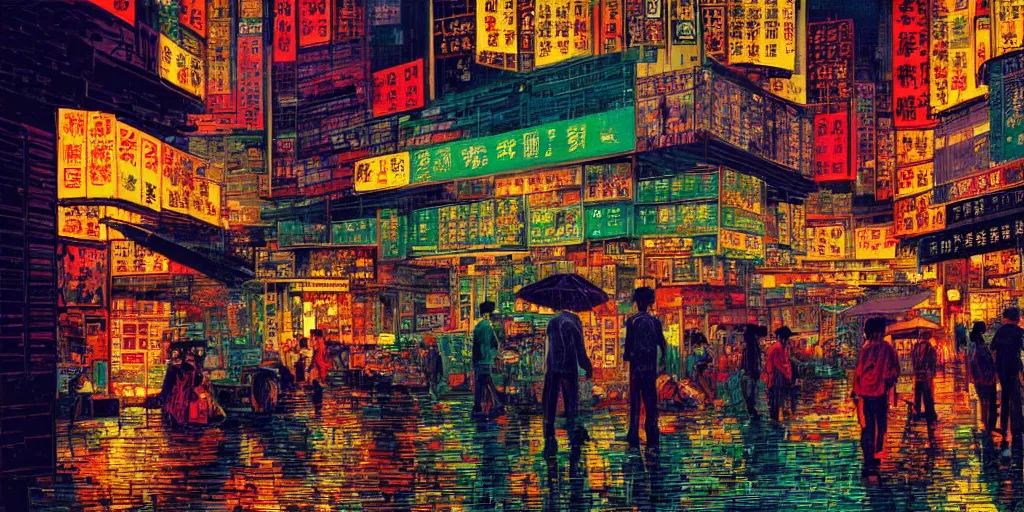 Image similar to artwork of a hong kong street, by dan mumford and wong kar - wai and peter doig, highly detailed, dramatic lighting, 8 k
