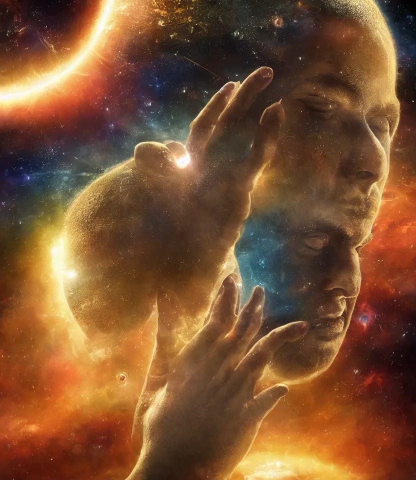 Prompt: portrait of divine god of creation crafting life in the palm of their hand | world building, epic scene, movie poster, wallpaper | hyper-realistic, intricate detail, highly detailed, photo-realistic, 3D, 4K HD, cinematic, dramatic, symmetrical, anatomically correct | space, sun, moon, stars, galaxy, solar system, time, life, creation, spirit, aura, ethereal, god-like, heavenly, divine being, holy | artstation, pixiv, digital painting, clip studio paint, photoshop, character concept art, zbrush, octane render, sharp focus | drawn by wayne barlowe, drawn by arthur adams, drawn by richard corben