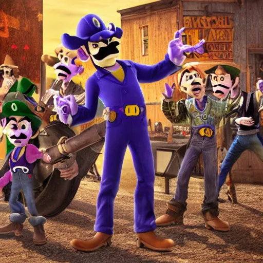 Image similar to waluigi from the mario series dressed as a cowboy holding a big iron revolver fighting outlaws in a town, cinematic still frame oil painting, high detailed painting, greatly illustrated, photo - realistic painting )