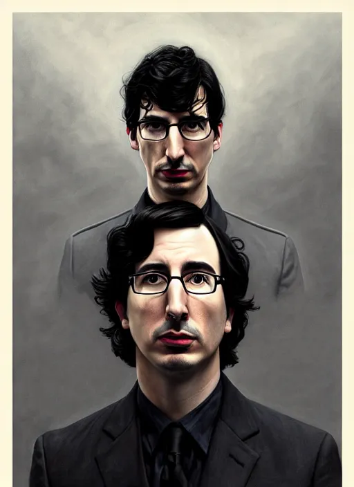 Image similar to painting of both john oliver and adam driver together, john oliver, adam driver, stoic, full body, military uniform, fantasy, intricate, elegant, beautiful, highly detailed, charcoal, centered, dark, smokey, digital painting, concept art, smooth, sharp focus, illustration, art by artgerm, art by greg rutkowski, art by alphonse mucha