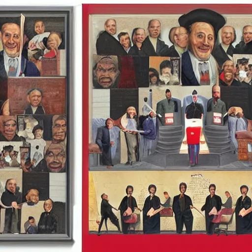 Image similar to an art piece in the form of a collage depicting members of parliament doing community service in the style of richard hamilton
