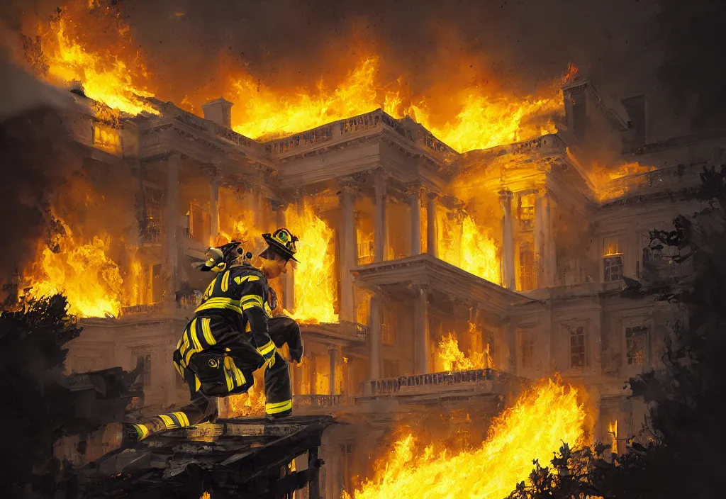 Image similar to an heroic firefighter in action in black and yellow uniform, front of the us presidential's white house, fire flames, sharp details, sharp focus, photorealistic, octane, hyper detailed, trending on deviantart, illustration, by jordan grimmer and greg rutkowski and pine ( ハイネ ), intricate