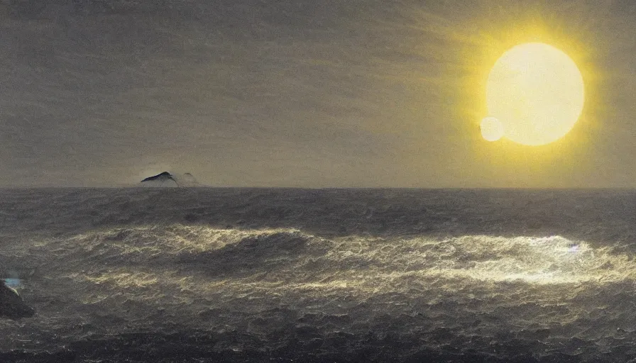 Image similar to solar eclipse in iceland, black sand, water, one tree, caspar david friedrich, dramatic, art station