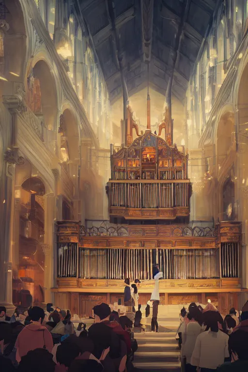 Prompt: people listen to a pipe organ, single subject, scenic full shot, ambient lighting, detailed face, by makoto shinkai, stanley artgerm lau, wlop, rossdraws