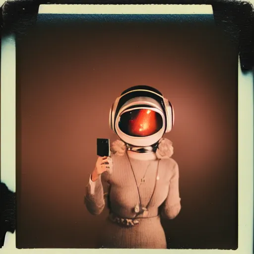 Prompt: a polaroid portrait of a beautiful woman wearing a space helmet, starry background, bokeh, lit from behind, heavy film grain, color bleed