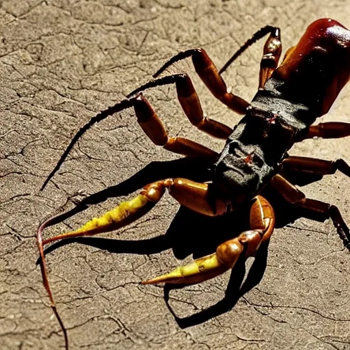 Prompt: image of scorpion about to strike tail curled pincers forward