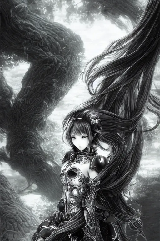 Prompt: a vertical portrait of a character in a scenic environment by Yoshitaka Amano, black and white, dreamy, cybernetic plate armor, wavy long black hair, highly detailed