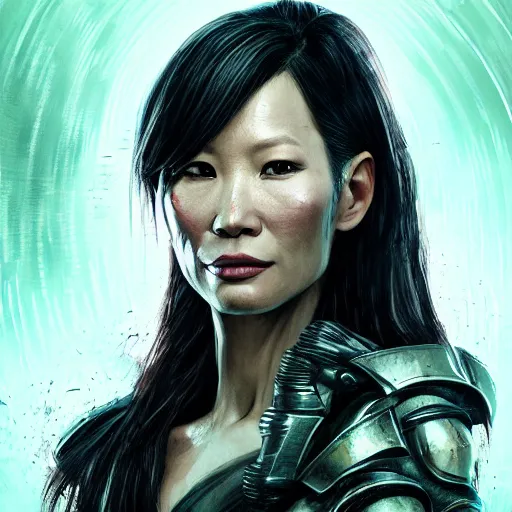 Prompt: lucy liu portrait, dystopia core, apocalyptic, armor, warrior, dramatic, sharp focus, fiction, neon, fantasy, hyper detailed, digital art, trending in artstation, cinematic lighting, studio quality, smooth render, unreal engine 5 rendered, octane rendered, art style and nixeu and wlop and krenz cushart