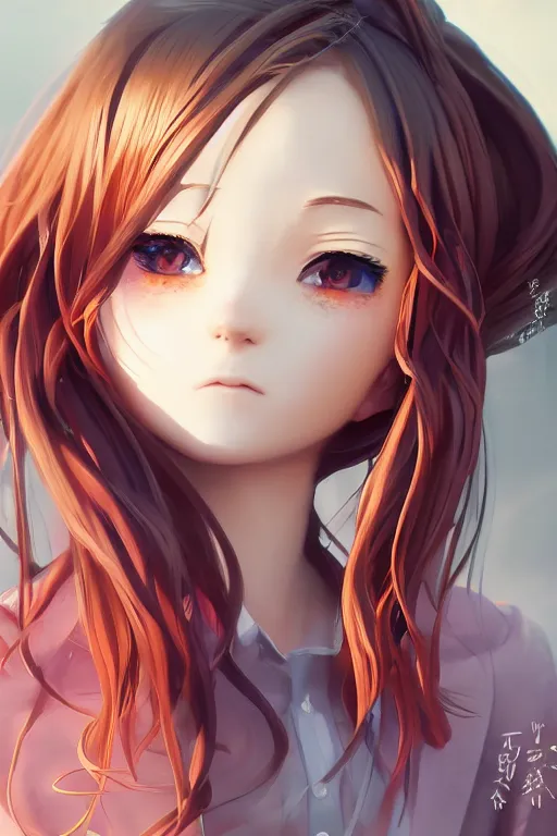 Image similar to Very complcated dynamic composition, realistic anime style at Pixiv, Zbrush sculpt colored, Octane render in Maya and Houdini VFX, young redhead girl in motion, wearing jacket and skirt, silky hair, black stunning deep eyes. By ilya kuvshinov, krenz cushart, Greg Rutkowski, trending on artstation. Amazing textured brush strokes. Cinematic dramatic soft volumetric studio lighting