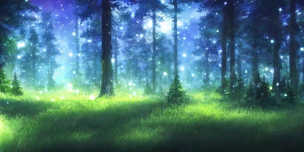 Image similar to a pine forest with glowing spirits, ultra high quality, 4 k, by miyazaki and makoto shinkai, anime screenshot, colorful, artstation, pixiv,