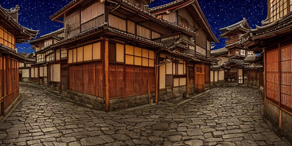 Prompt: Medieval Kyoto street at night landscape, 8K, trending on artstation, golden ratio, high key, ultra detailed, by Jean Giraud