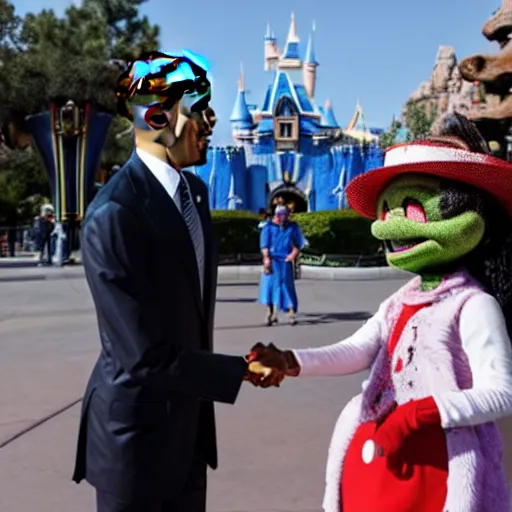 Prompt: obama shaking hands with smiling alien at disneyland