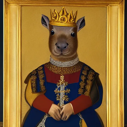 Image similar to an oil painting portrait of a capybara wearing medieval royal robes and an ornate crown on a dark background