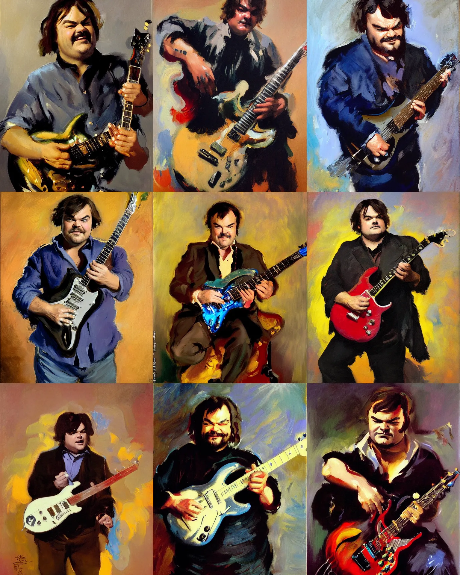 Prompt: jack black with electric guitar, portrait palette knife painting by john singer sargent, frank frazetta, craig mullens, donato giancola, fashion photography