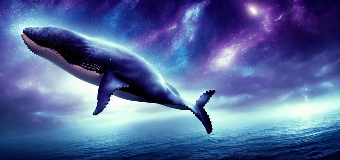 Image similar to a wide angle shot of a lonely whale flying in the sky, sea underneath, cosmic starry sky, concept art, trending on artstation, purple theme by andreas achenbach, artgerm, mikko lagerstedt, zack snyder, tokujin yoshioka