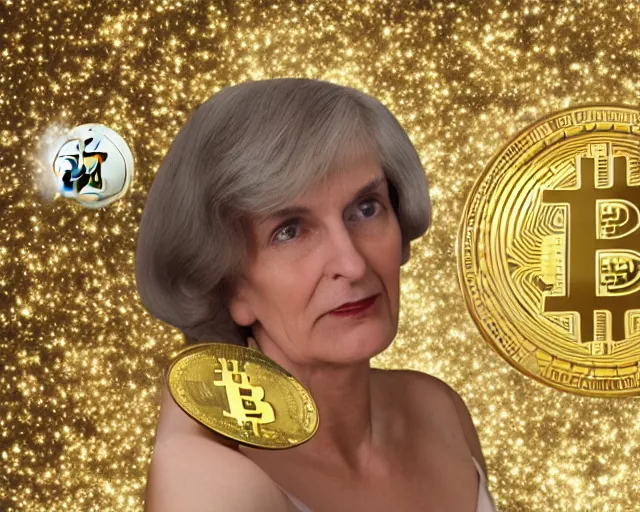 Image similar to ayn rand holding a golden bitcoin, commercial photo by david hamilton for vogue