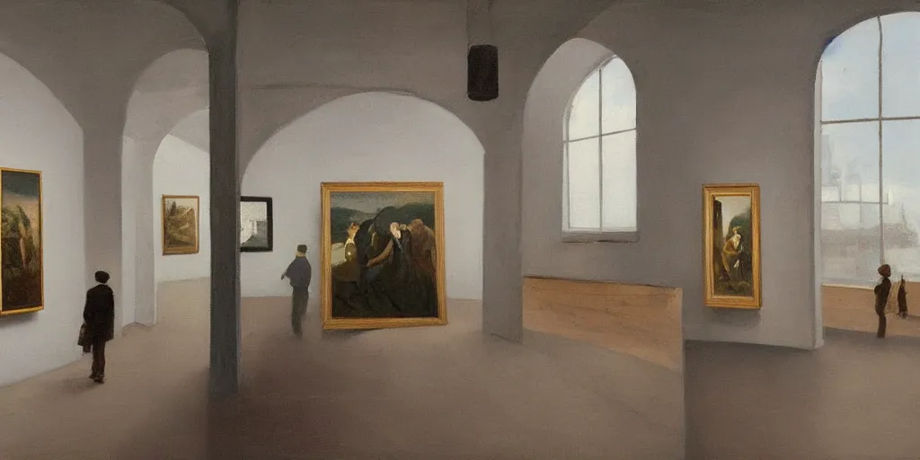 Prompt: an art gallery with pictures in the style of tim eitel in 1 6 5 0