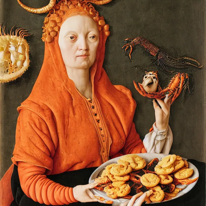 Image similar to a closeup portrait of a horned woman, holding a plate of weird cookies, lobster cookie, shrimp cookie, jellyfish cookie, by jan van eyck