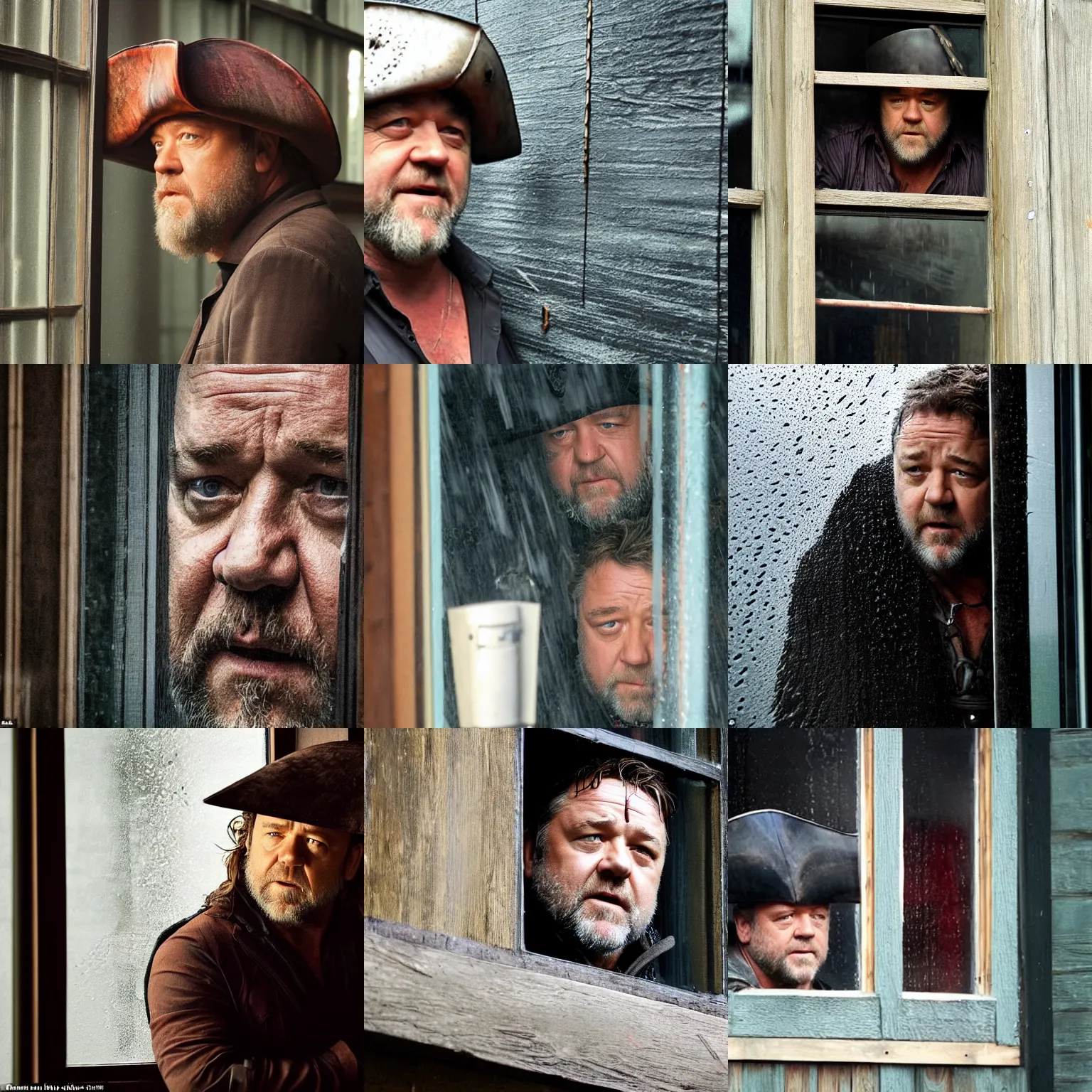 Prompt: from outside, russell crowe wearing a giant pirate hat behind a rainy dirty window and wooden wall peering out to the camera
