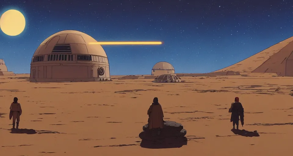 Image similar to beautiful wide shot tatooine landscape, obi wan kenobi, Luke skywalker, land-speeder, Star Wars a new hope 1977, studio ghibli, Miyazaki, Greg rutkowski, Jean girard, Moebius , animation, golden hour, highly detailed, hdr, vivid color, 70mm