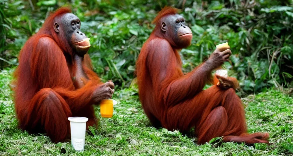 Image similar to a orangutan eating a big mac, holding a drink in its hand