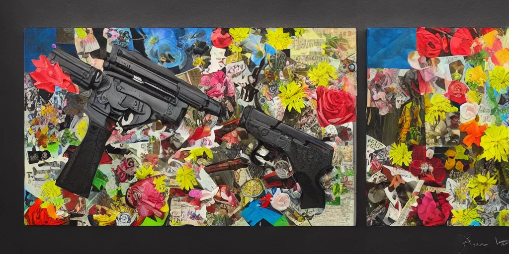 Image similar to guns and flowers, collage, acrylic on canvas, expressionism movement, ultra realistic, smooth shading, ultra detailed, high resolution, cinematic, unreal 6, breathtaking detailed, by blake neubert