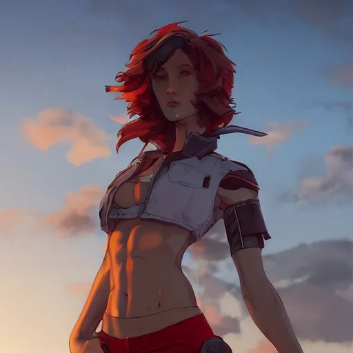 Prompt: full body character deisgn by artgerm, yoji shinkawa, greg rutkowski. cute russian cyborg scarlet red haired woman, steel gray body, denim shorts, cropped shirt with jacket, beach sunset background, soft smile, 8 k ultra detailed, elegant, octane render, voluptuous curves