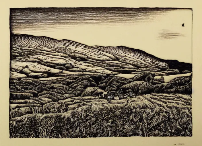 Image similar to an award winning wood engraving on paper of The highlands of Scotland