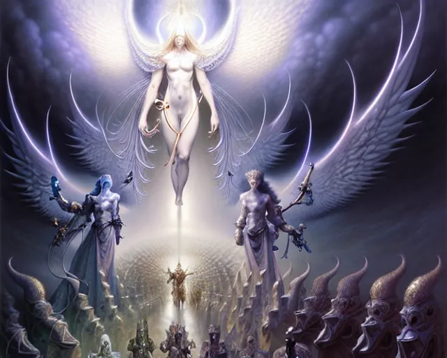 Prompt: the army of white light and angels, fantasy character portrait made of fractals facing each other, ultra realistic, wide angle, intricate details, the fifth element artifacts, highly detailed by peter mohrbacher, hajime sorayama, wayne barlowe, boris vallejo, aaron horkey, gaston bussiere, craig mullins