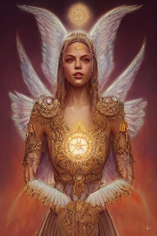 Prompt: A beautiful digital painting of a female Seraphim, intricate jewels, princess, the sun behind her, intricate, cinematic lighting, highly detailed, digital painting, Artstation, concept art, smooth, sharp focus, illustration, art by Tom Bagshaw, Artgerm and Greg Rutkowski