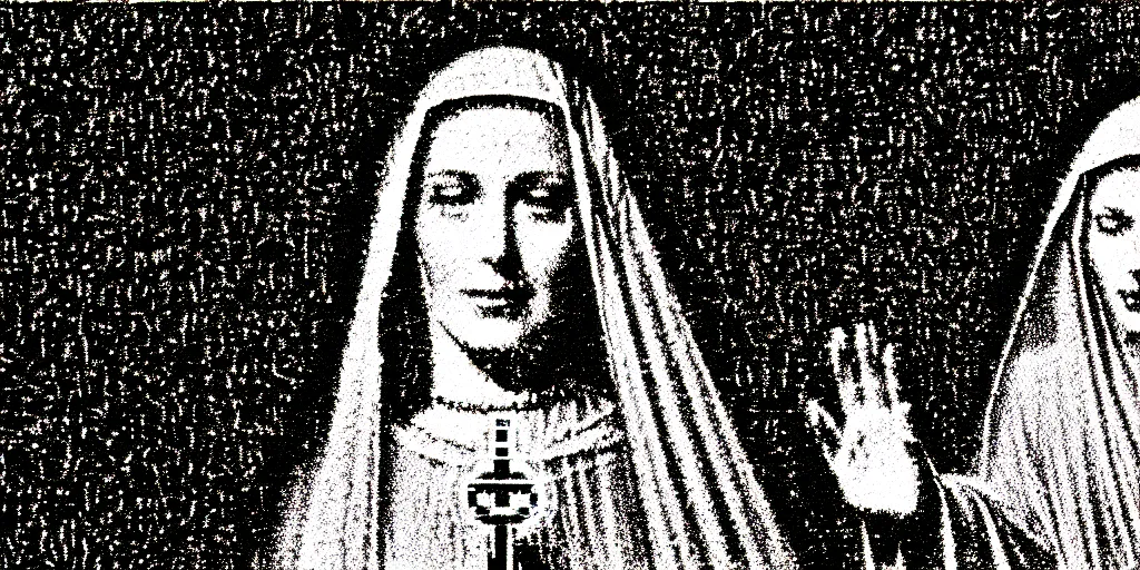 Image similar to vhs static overlay of marian apparition, vhs, 1 9 9 0, highly realistic, highly detailed, vhs noise static, black and white, vhs glitch