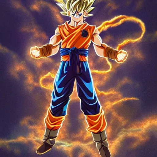 Image similar to clear portrait of son goku, adorable appearance!!!, golden hour, happy apearance, cottagecore!!, background hyper detailed, character concept, full body, dynamic pose, intricate, elegant, highly detailed, digital painting, artstation, concept art, smooth, sharp focus, illustration, art by artgerm and greg rutkowski and alphonse mucha