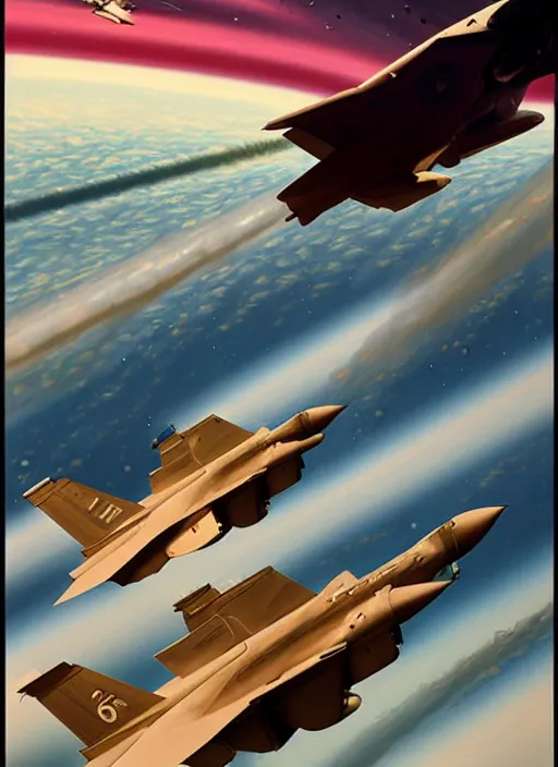 Image similar to poster artwork by michael whelan and tomer hanuka, a portrait, f 3 5 jets dogfighting in the clouds of jupiter, clean