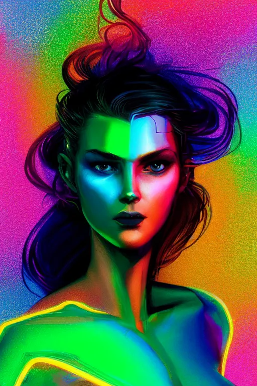 Image similar to a award winning portrait of a beautiful woman with stunning eyes in a one off shoulder crop top and cargo pants with rainbow colored hair, outlined by whirling illuminated neon lines and fine lines swirling in circles by greg rutkowski, digital art, trending on artstation