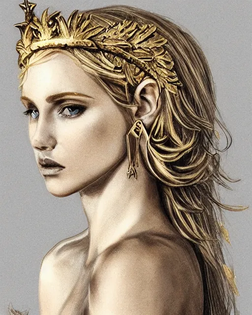 Image similar to tattoo sketch of blonde super model aphrodite greek goddess wearing a gold laurel wreath and triangle earrings, beautiful piercing gaze with sharp pupils, in the style of greg rutkowski, fantasy, amazing detail, epic, elegant, smooth, sharp focus, front view